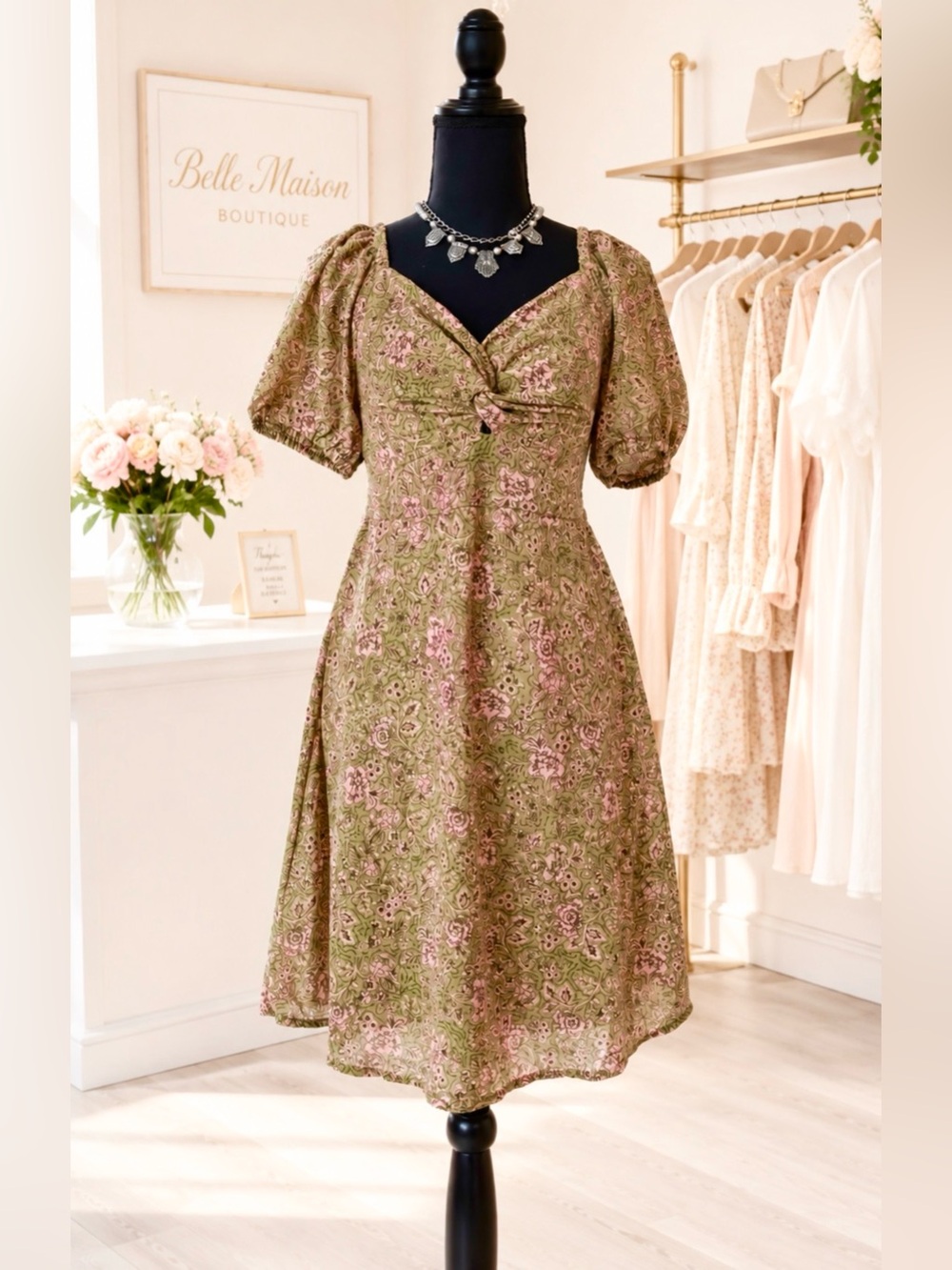 JAPNA Floral Green Pink Short Elastic Sleeved Dress Sheer Lined Ruched Bodice